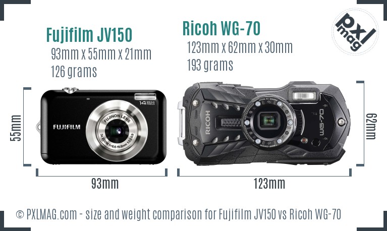 Fujifilm JV150 vs Ricoh WG-70 size comparison
