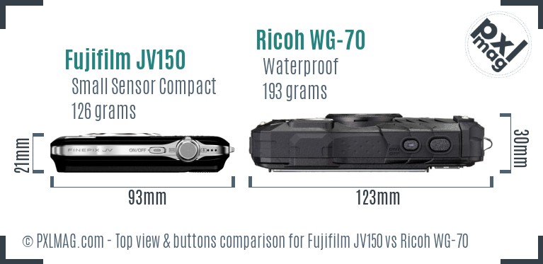 Fujifilm JV150 vs Ricoh WG-70 top view buttons comparison