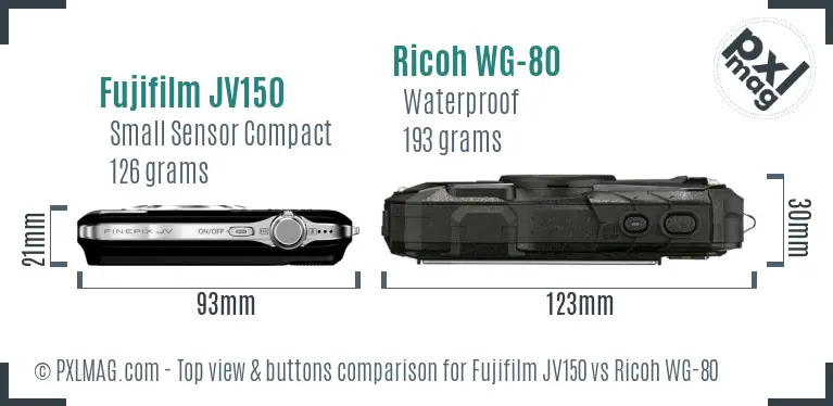 Fujifilm JV150 vs Ricoh WG-80 top view buttons comparison