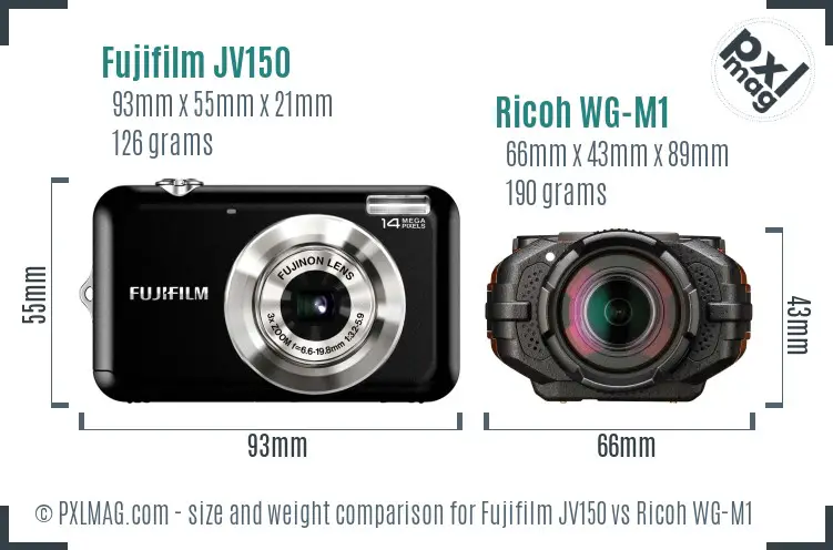 Fujifilm JV150 vs Ricoh WG-M1 size comparison