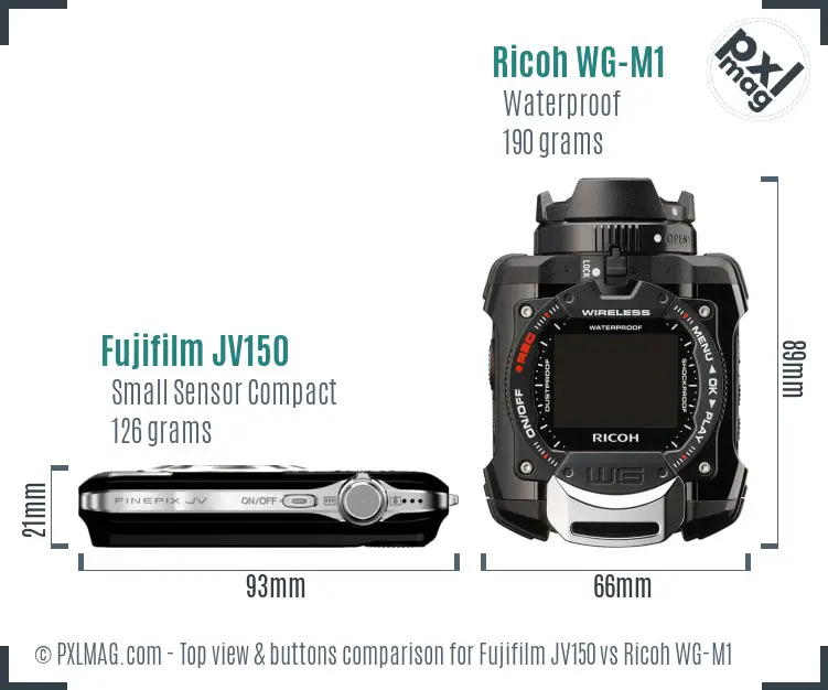 Fujifilm JV150 vs Ricoh WG-M1 top view buttons comparison