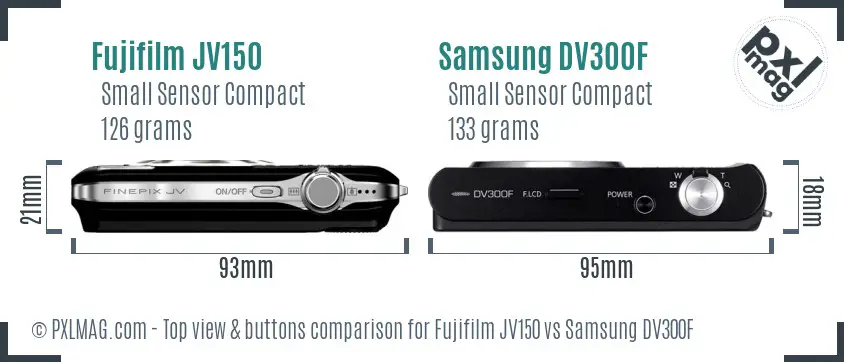 Fujifilm JV150 vs Samsung DV300F top view buttons comparison