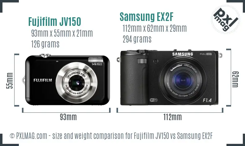Fujifilm JV150 vs Samsung EX2F size comparison