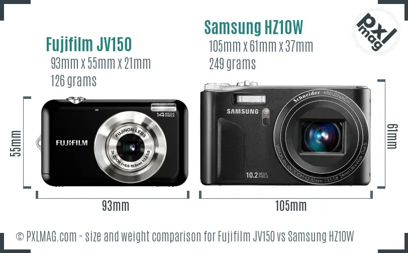 Fujifilm JV150 vs Samsung HZ10W size comparison