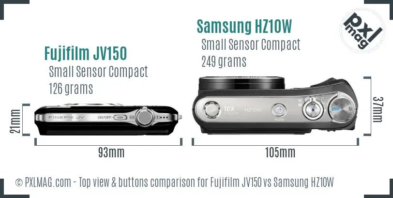 Fujifilm JV150 vs Samsung HZ10W top view buttons comparison