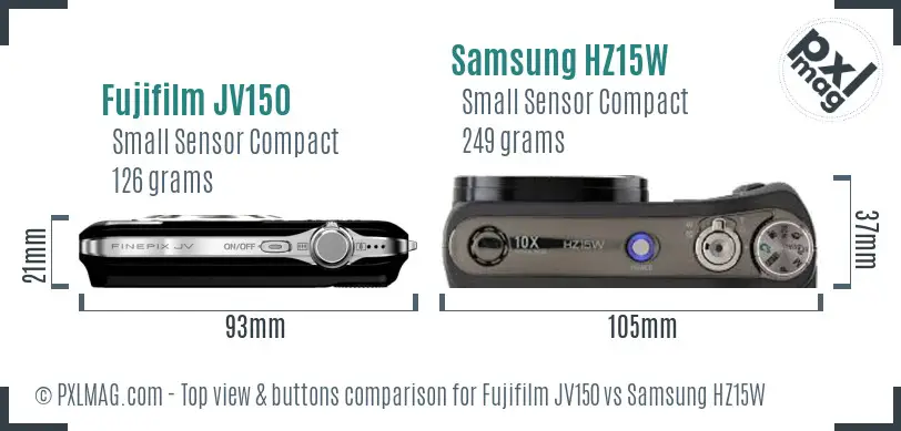Fujifilm JV150 vs Samsung HZ15W top view buttons comparison