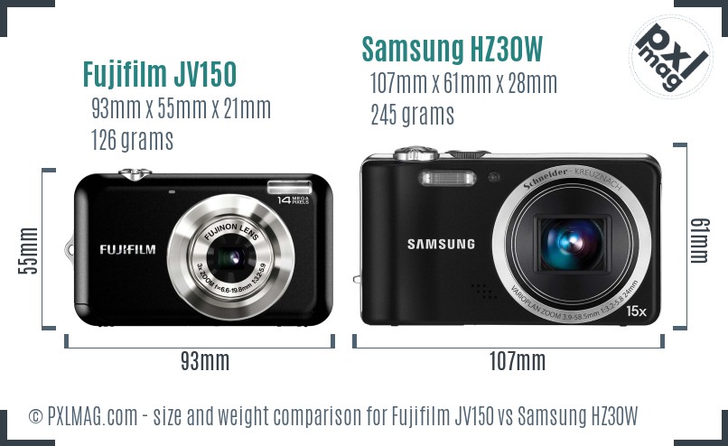 Fujifilm JV150 vs Samsung HZ30W size comparison