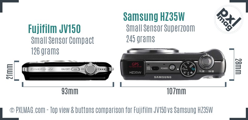 Fujifilm JV150 vs Samsung HZ35W top view buttons comparison