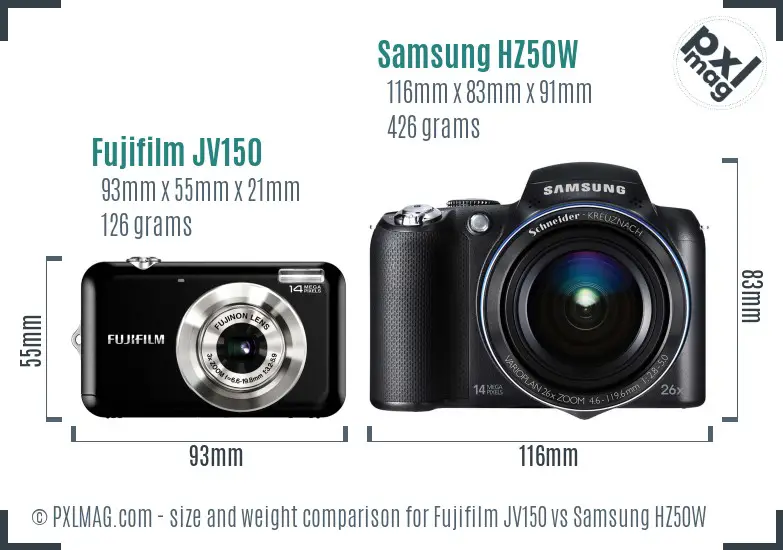 Fujifilm JV150 vs Samsung HZ50W size comparison