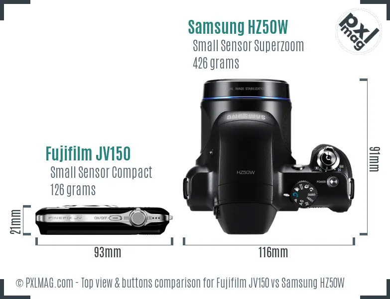 Fujifilm JV150 vs Samsung HZ50W top view buttons comparison
