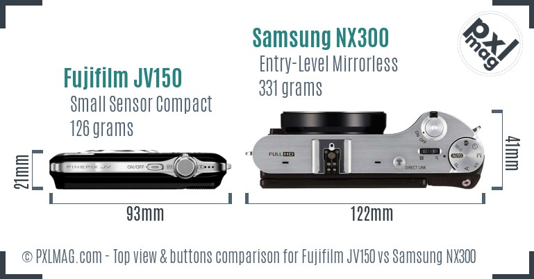 Fujifilm JV150 vs Samsung NX300 top view buttons comparison