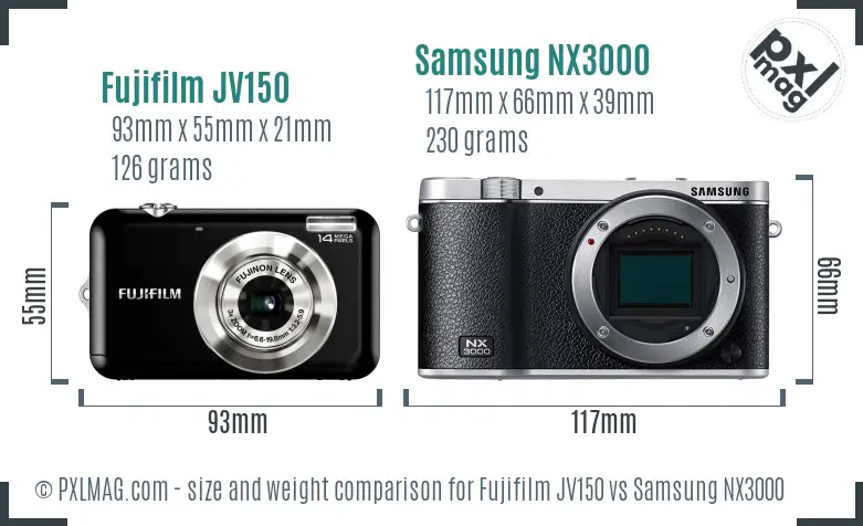 Fujifilm JV150 vs Samsung NX3000 size comparison