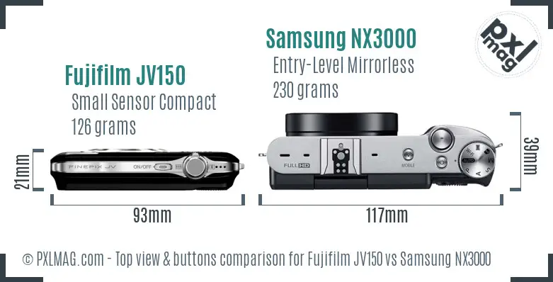 Fujifilm JV150 vs Samsung NX3000 top view buttons comparison