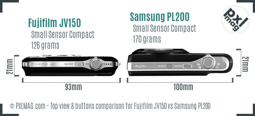 Fujifilm JV150 vs Samsung PL200 top view buttons comparison Fujifilm JV150 vs Samsung PL200 top view buttons comparison
