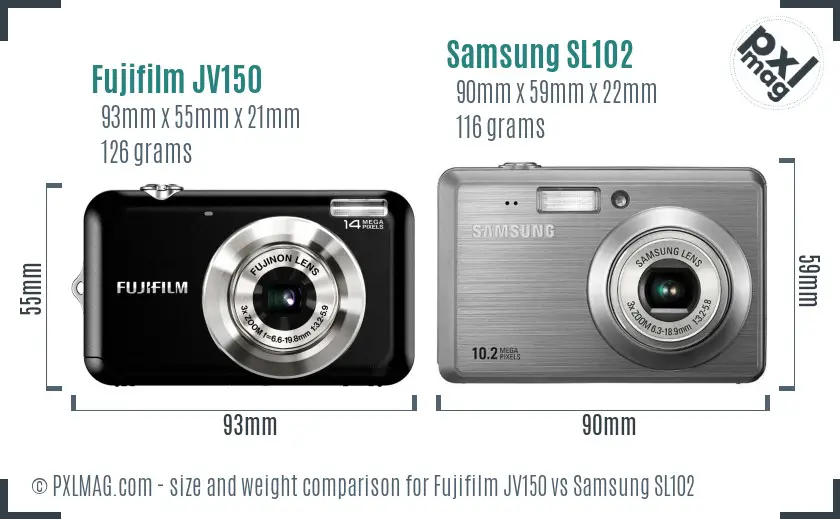 Fujifilm JV150 vs Samsung SL102 size comparison