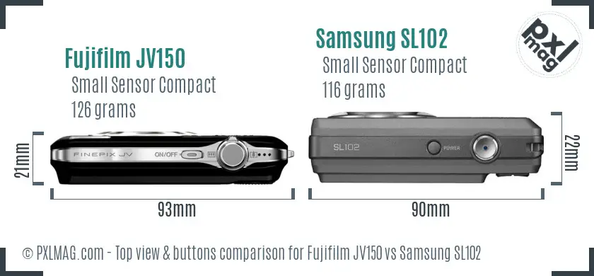 Fujifilm JV150 vs Samsung SL102 top view buttons comparison
