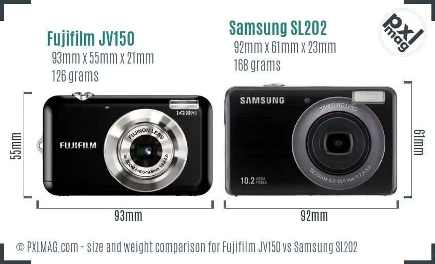 Fujifilm JV150 vs Samsung SL202 size comparison Fujifilm JV150 vs Samsung SL202 size comparison