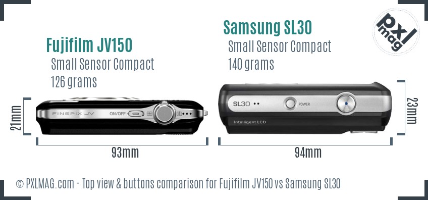 Fujifilm JV150 vs Samsung SL30 top view buttons comparison
