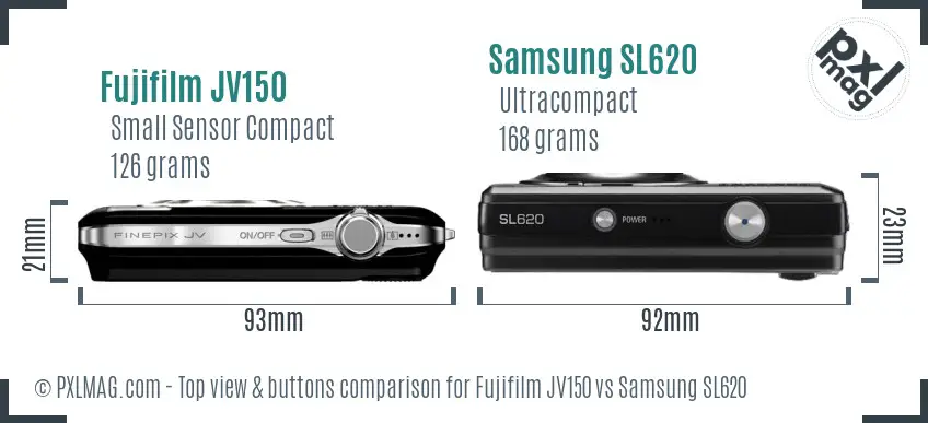 Fujifilm JV150 vs Samsung SL620 top view buttons comparison