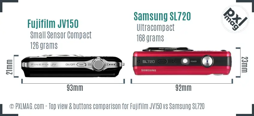 Fujifilm JV150 vs Samsung SL720 top view buttons comparison Fujifilm JV150 vs Samsung SL720 top view buttons comparison