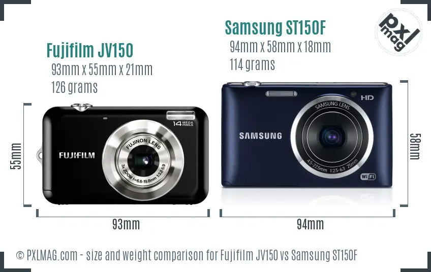 Fujifilm JV150 vs Samsung ST150F size comparison