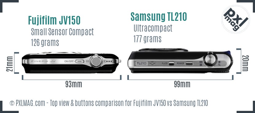 Fujifilm JV150 vs Samsung TL210 top view buttons comparison