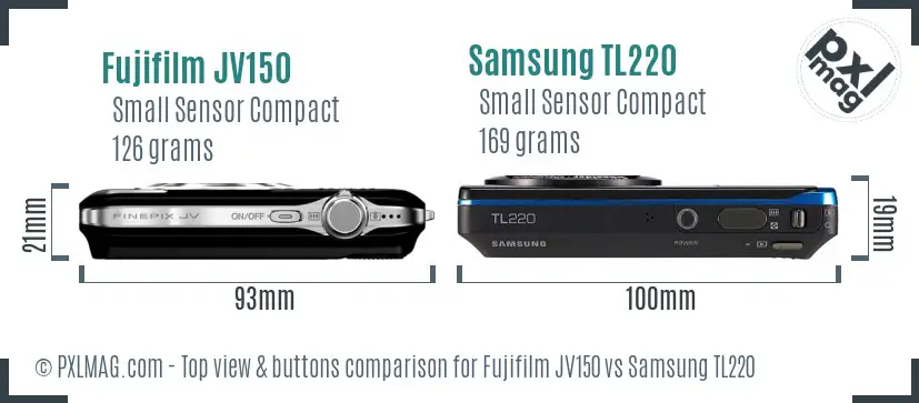 Fujifilm JV150 vs Samsung TL220 top view buttons comparison
