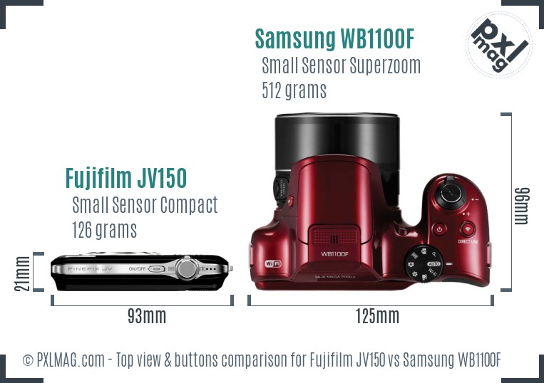 Fujifilm JV150 vs Samsung WB1100F top view buttons comparison