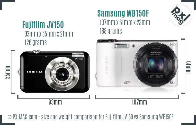 Fujifilm JV150 vs Samsung WB150F size comparison