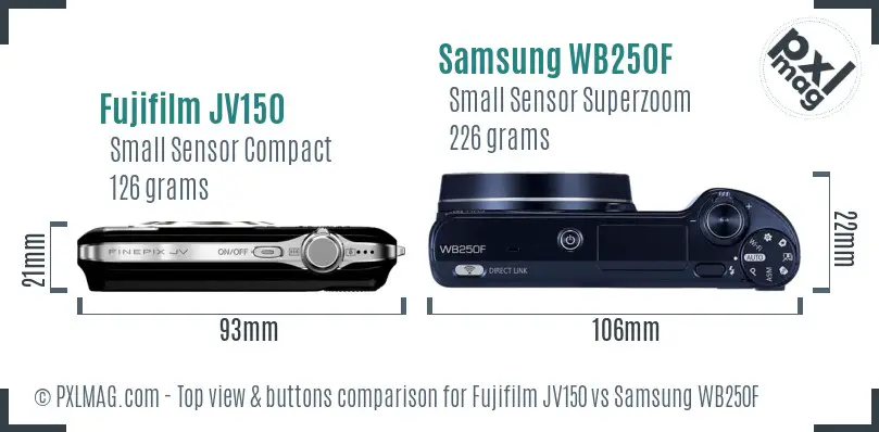 Fujifilm JV150 vs Samsung WB250F top view buttons comparison