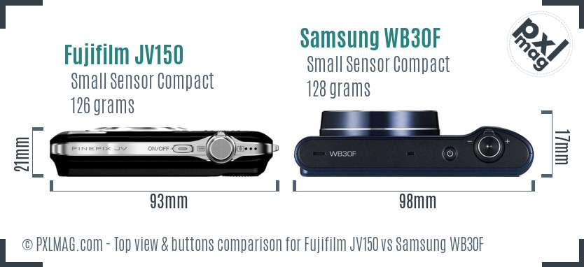 Fujifilm JV150 vs Samsung WB30F top view buttons comparison