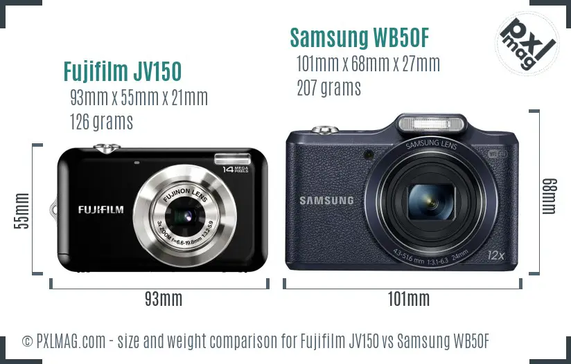 Fujifilm JV150 vs Samsung WB50F size comparison