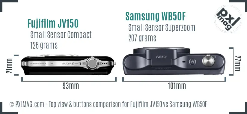 Fujifilm JV150 vs Samsung WB50F top view buttons comparison