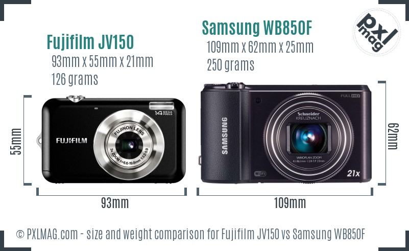 Fujifilm JV150 vs Samsung WB850F size comparison