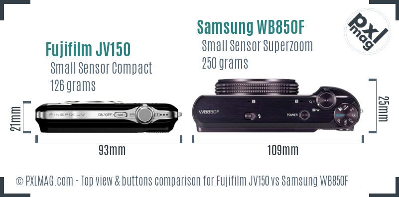 Fujifilm JV150 vs Samsung WB850F top view buttons comparison