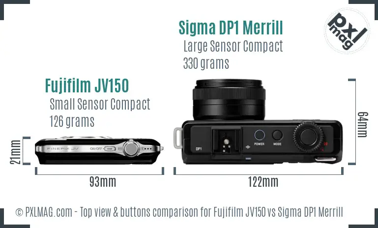 Fujifilm JV150 vs Sigma DP1 Merrill top view buttons comparison Fujifilm JV150 vs Sigma DP1 Merrill top view buttons comparison