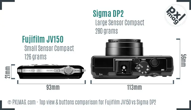 Fujifilm JV150 vs Sigma DP2 top view buttons comparison