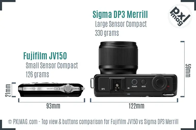 Fujifilm JV150 vs Sigma DP3 Merrill top view buttons comparison
