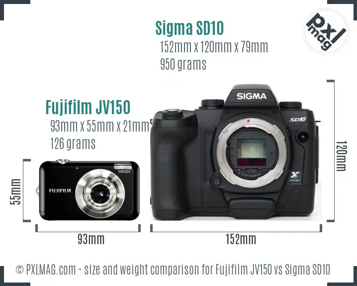 Fujifilm JV150 vs Sigma SD10 size comparison