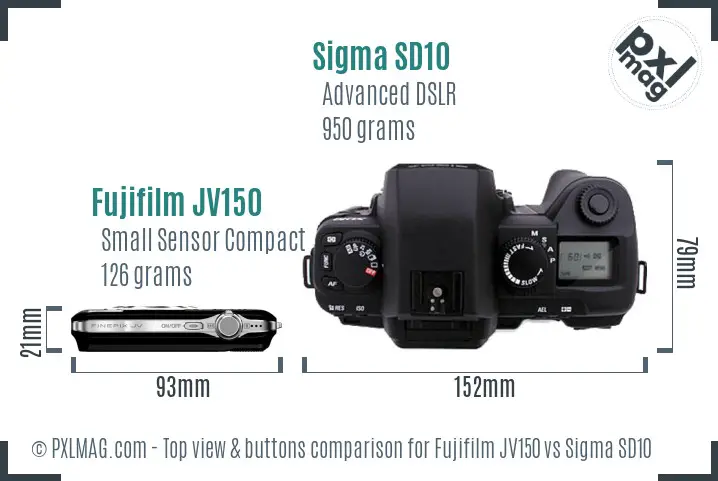 Fujifilm JV150 vs Sigma SD10 top view buttons comparison