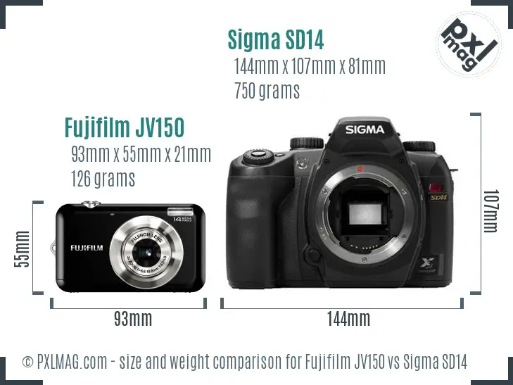 Fujifilm JV150 vs Sigma SD14 size comparison