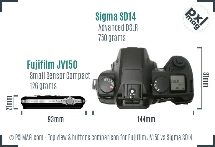 Fujifilm JV150 vs Sigma SD14 top view buttons comparison