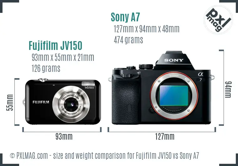 Fujifilm JV150 vs Sony A7 size comparison
