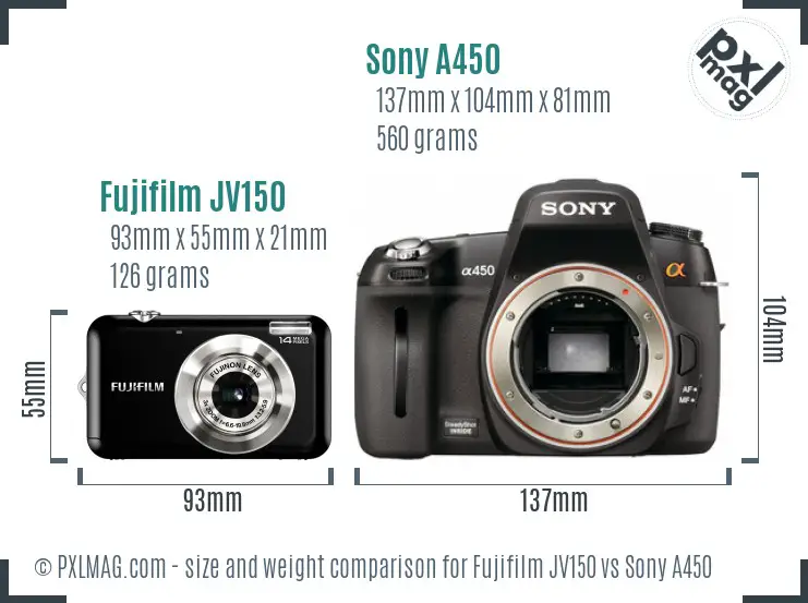 Fujifilm JV150 vs Sony A450 size comparison