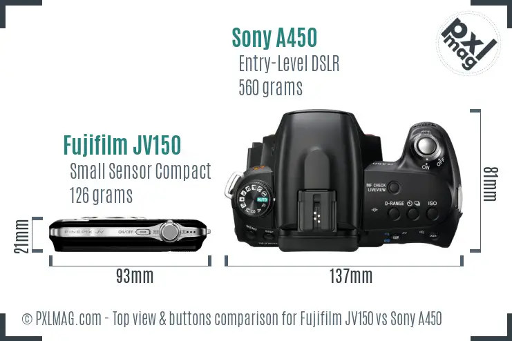Fujifilm JV150 vs Sony A450 top view buttons comparison