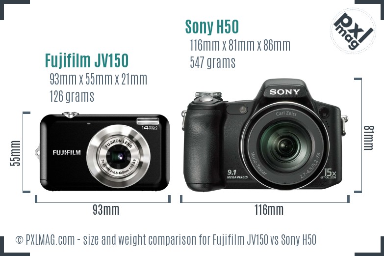 Fujifilm JV150 vs Sony H50 size comparison