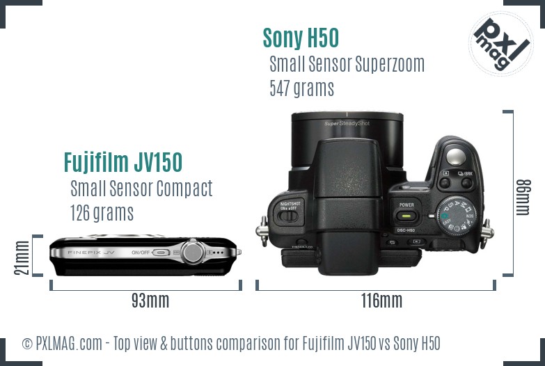 Fujifilm JV150 vs Sony H50 top view buttons comparison