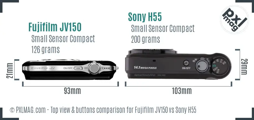 Fujifilm JV150 vs Sony H55 top view buttons comparison