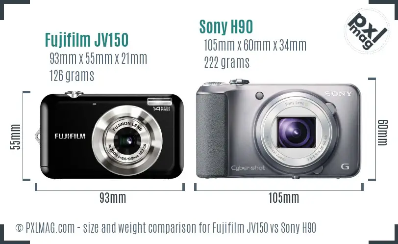 Fujifilm JV150 vs Sony H90 size comparison