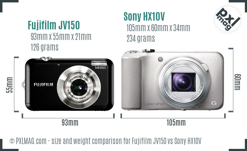 Fujifilm JV150 vs Sony HX10V size comparison
